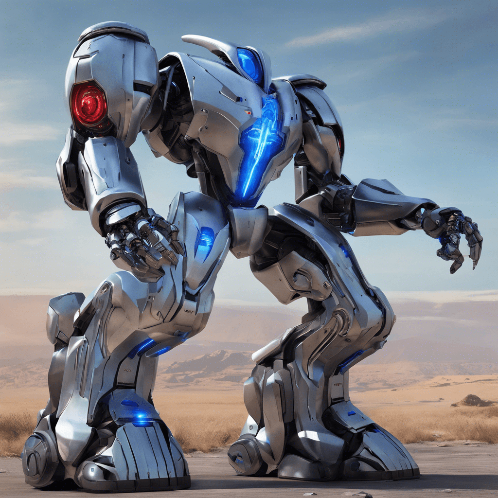 The Xenon Sentinel is a towering robotic entity, constructed from sleek, silver metal with glowing blue energy coursing through its joints. Its single, piercing red optical sensor locks onto targets with relentless precision, emanating an aura of advanced technology and ruthless efficiency.