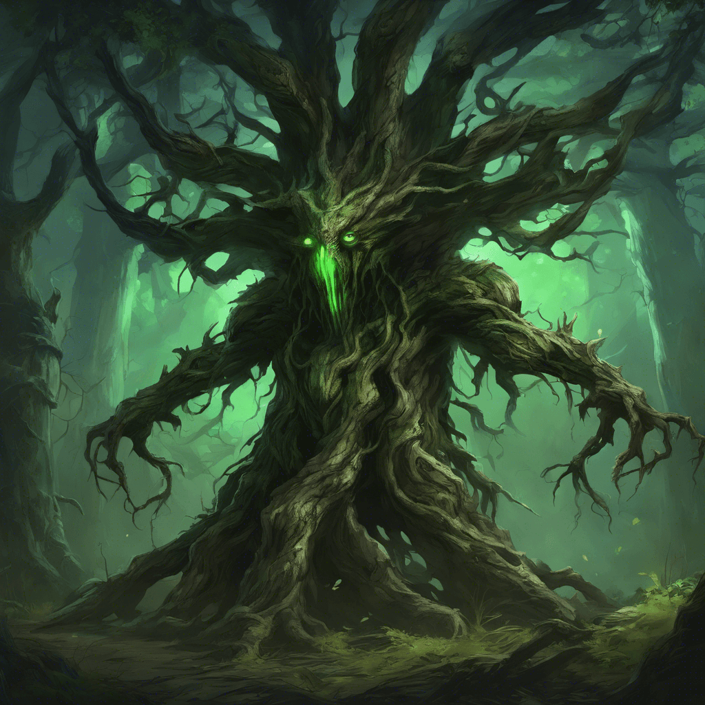 A colossal treant, ancient and gnarled with roots like coiled serpents, its bark is the color of midnight, eyes glowing green with eldritch power, and its limbs bristle with thorns sharp as broadswords.