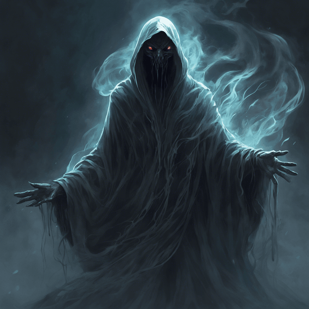 A translucent figure, cloaked in darkness, its eyes glinting with malice. Shifting and swirling like smoke, the wraith emanates an aura of cold dread.