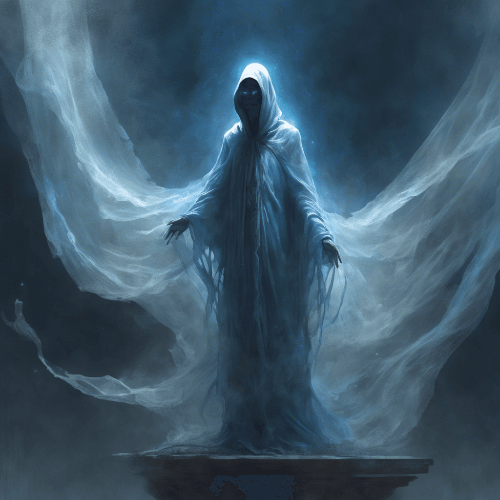 A translucent figure, floating inches above the ground, its eyes hollow yet emitting a dim blue light, garbed in tattered robes that seem to whisper and shift with an ethereal wind.