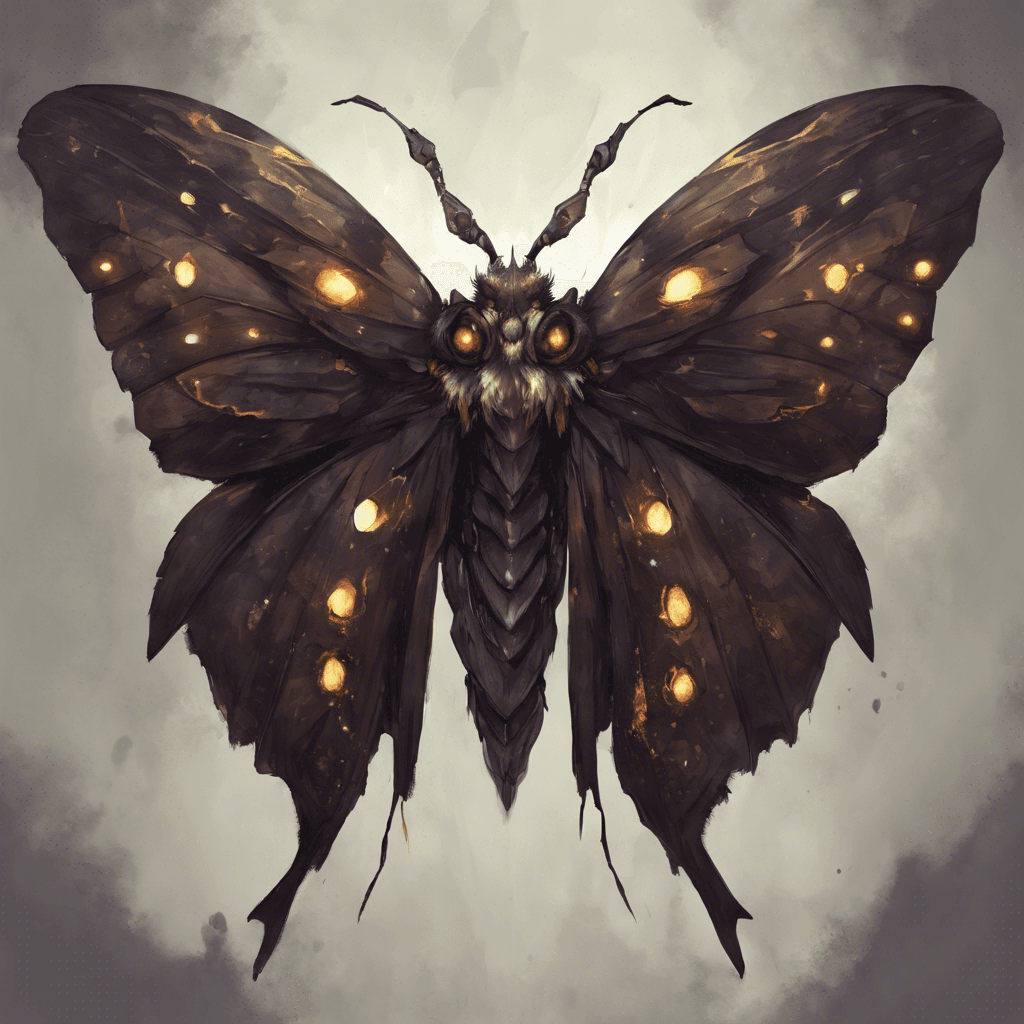 A massive moth with dark, tattered wings that absorb the light around it. Its eyes gleam with a malicious intelligence, and its antennae twitch with arcane power.