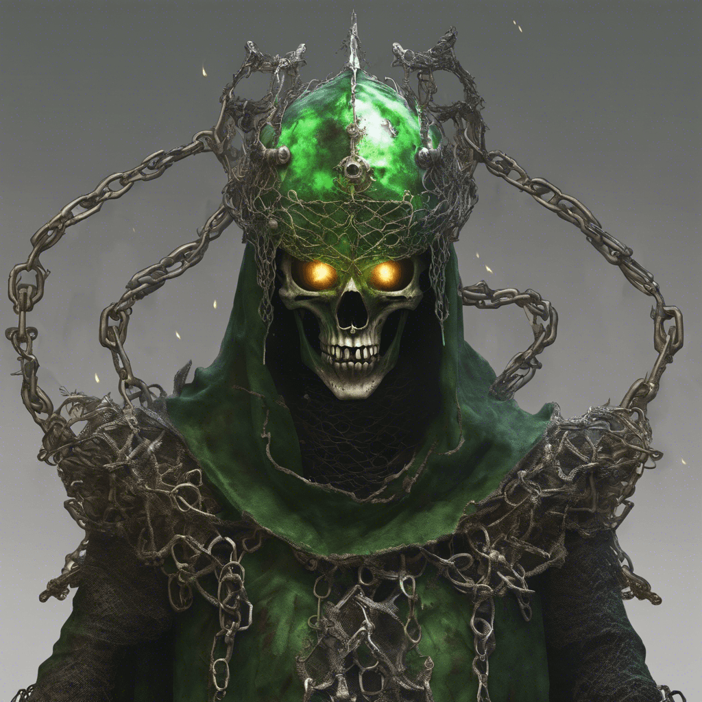 An ethereal figure, clad in tattered chainmail and a rusted crest helmet veiling its empty eye sockets. Ghostly chains rattle as it floats above the ground, a malevolent green flame flickering around its skeletal hands.