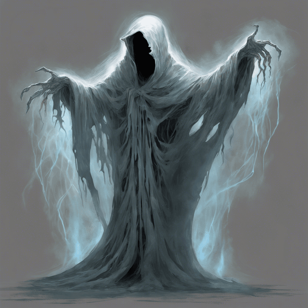 The Whispering Wraith is a spectral figure with tattered robes that seem to flow endlessly in a non-existent wind. Its pale, ghostly form is almost translucent, with hollow eyes that glow a faint blue. The chilling whispers that emanate from its presence send shivers down your spine, causing an overwhelming sense of dread.