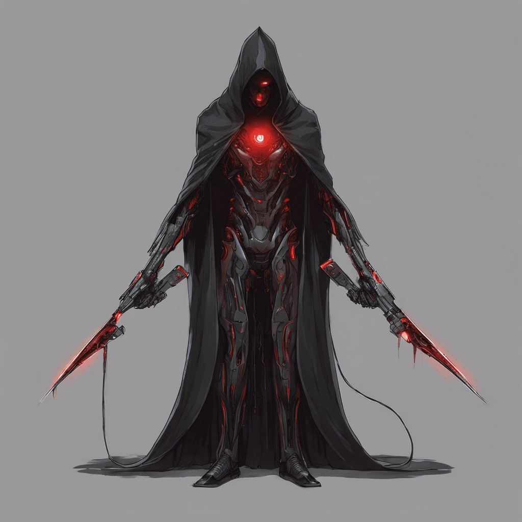 A sinuous figure mostly hidden beneath a dark hooded cloak, with piercing red optical sensors where eyes should be and an array of cybernetic limbs fitted with gleaming blades and hacking tools.