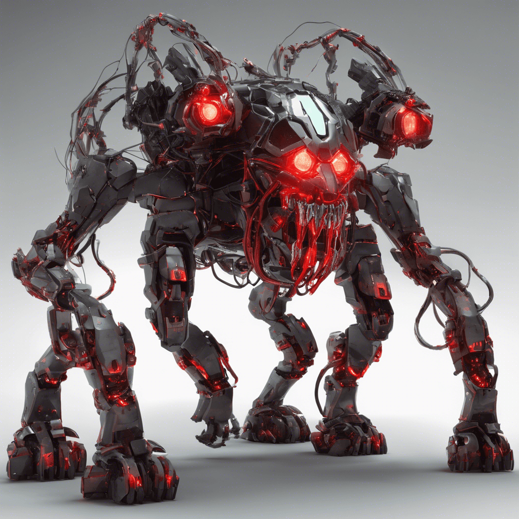 A hulking mechanized quadruped with glistening metal fangs, glowing red optical sensors, and wired sinews pulsing with energy.