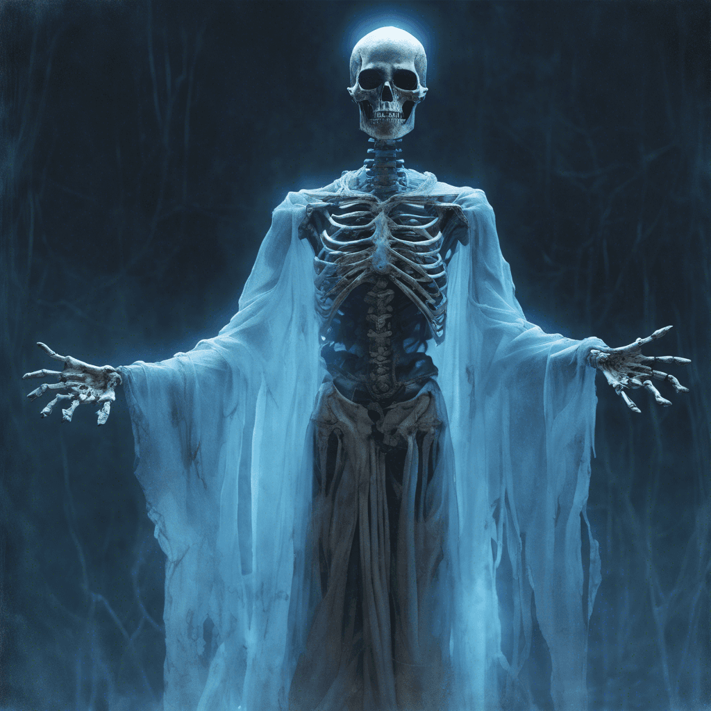 A translucent figure with tattered robes floating inches above the ground, its eyes glow with an eerie blue light, and its skeletal hands reach outwards.