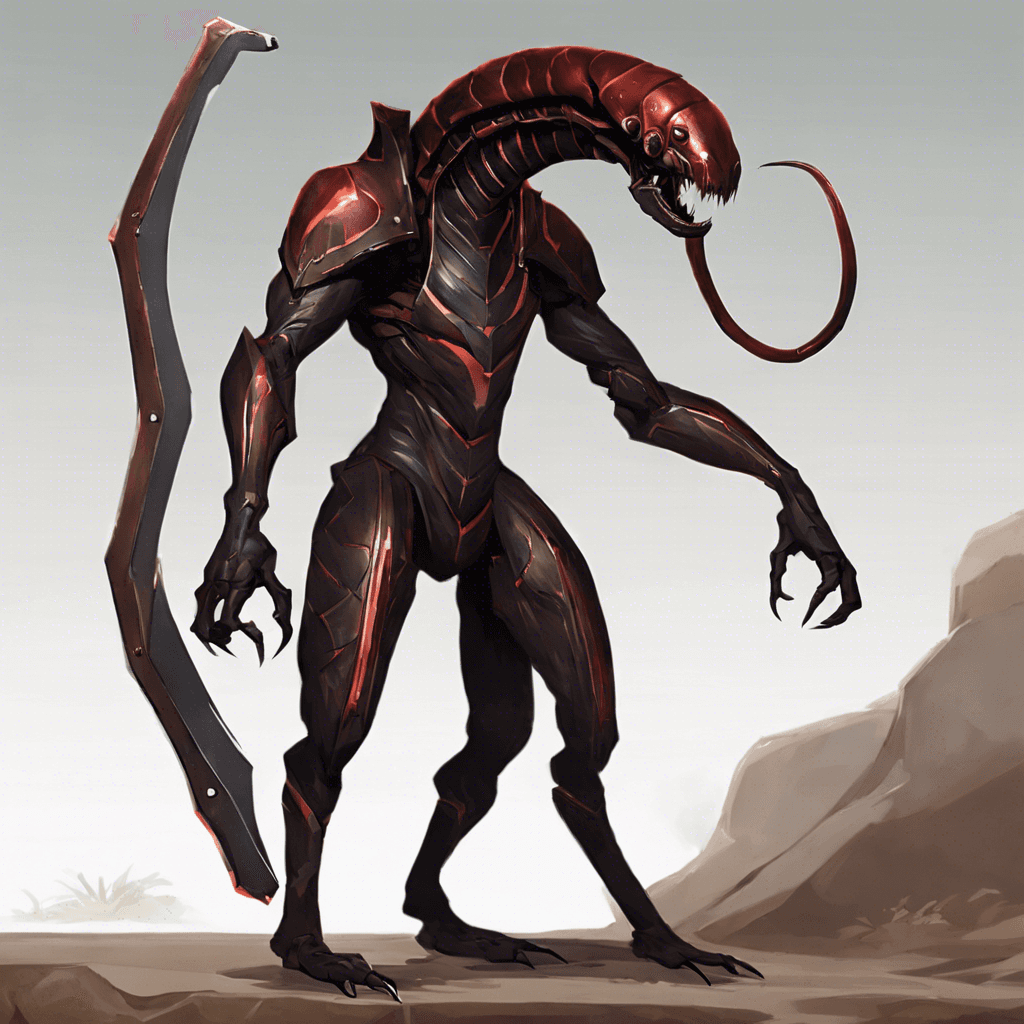 A sleek, dark metallic creature with elongated limbs and a segmented, scorpion-like tail equipped with a bladed end, the Orinthian Stalker has a featureless face with deep red optical sensors that glow ominously.