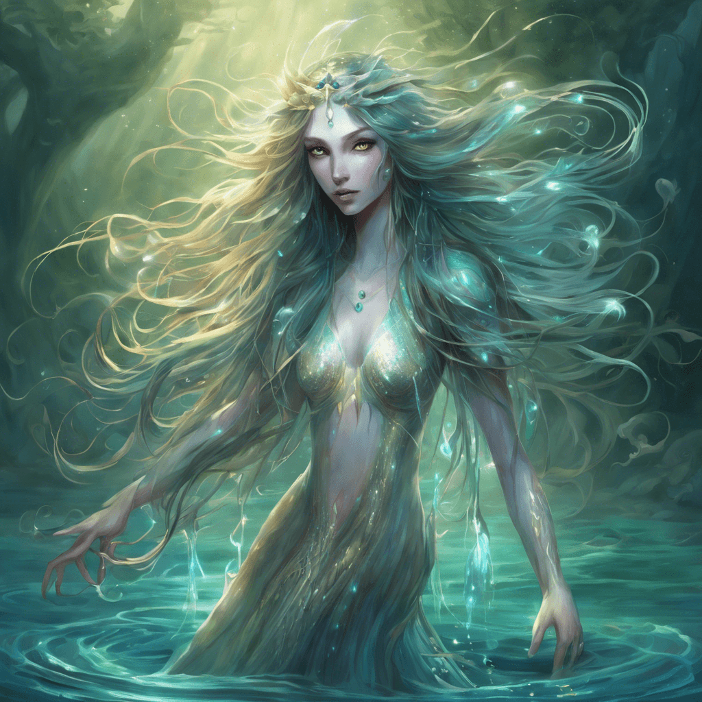 A water nymph with iridescent scales for skin and luminous, opalescent eyes. Its long, flowing hair appears to be made of living water, and its slender form is both graceful and menacing. It wields a trident that shimmers with magical energy.