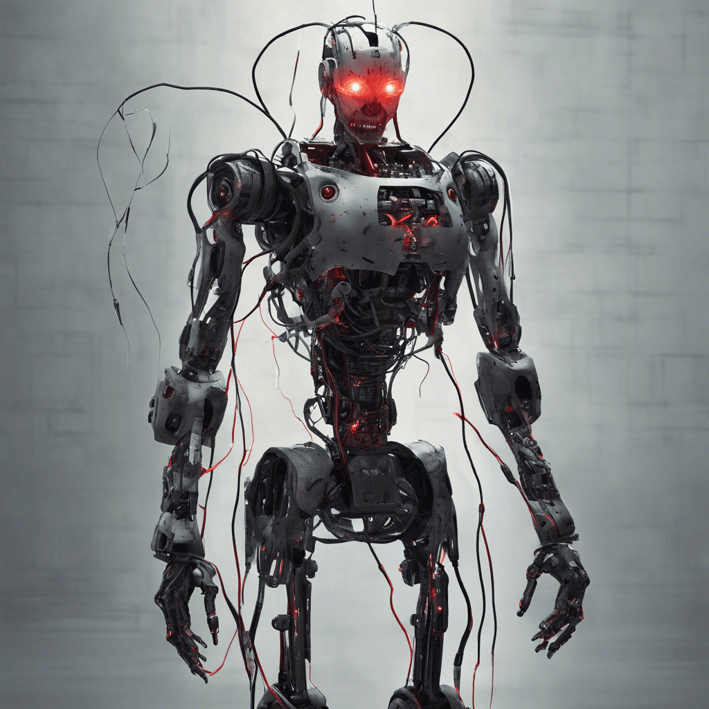 A humanoid robot with a fragmented exoskeleton and various missing parts. Its eerie presence is amplified by two glowing red eyes that ominously light up as it jerks to life. Wires hang loosely from its joints like synthetic veins, and each movement is a symphony of mechanical whirs and ghostly whispers.