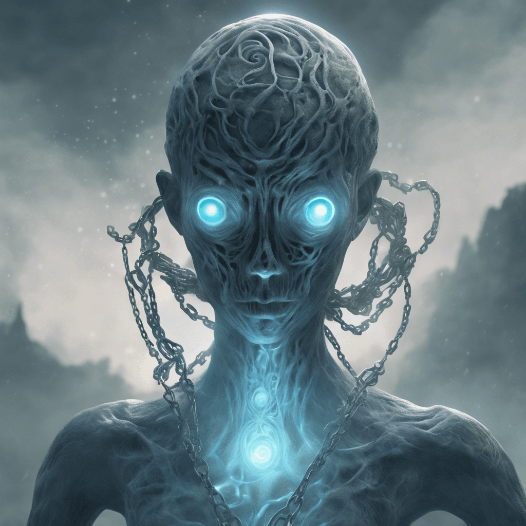 A spectral apparition, swirling mists form a humanoid shape with hollow eye sockets that glow with a faint blue light. Chains hang from its form, clinking softly with each ethereal movement.