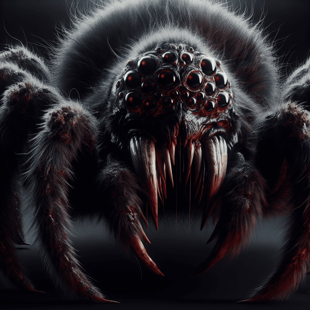 A monstrous spider with a body as large as a horse, covered in matted black fur. Its eight eyes gleam with a malevolent red light, and its fangs drip with venom.