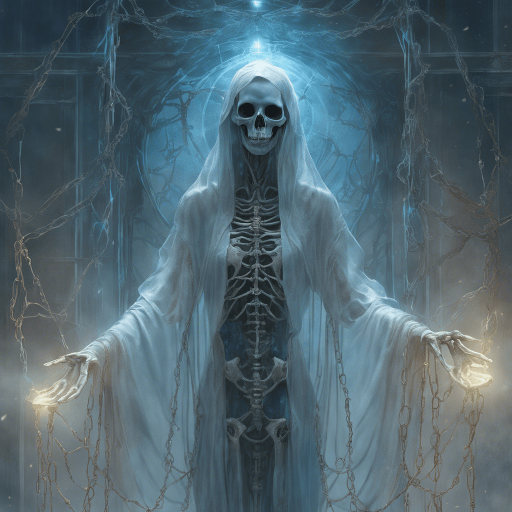 A shimmering, translucent figure with tattered robes floating around a skeletal frame. Ethereal chains clink softly as it hovers, eyes glowing with a ghostly blue light.