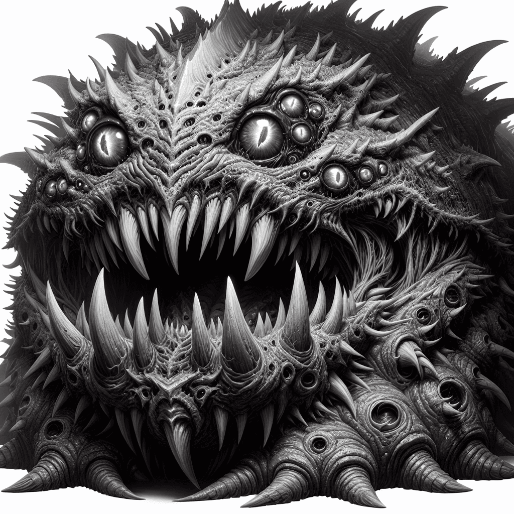 A colossal wurm with an armored hide bristling with thorny spines and two malicious eyes gleaming with a predatory gaze. Its massive jaws open wide, revealing rows of jagged teeth.