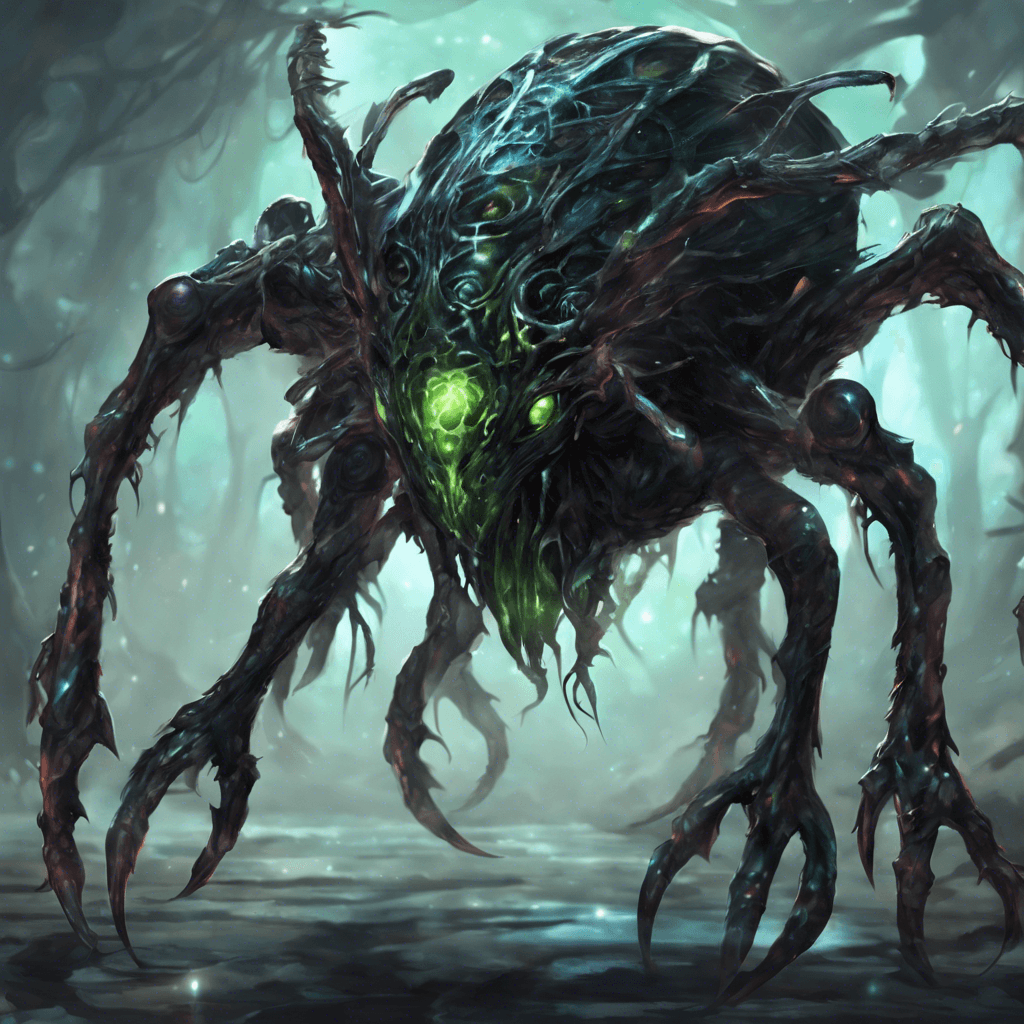 A hulking creature with iridescent black carapace, sprouting numerous sharp limbs, Zygorax moves with a nightmarish fluidity, its soulless eyes reflecting the coldness of space. Its appearance is insectoid yet with a terrifying intelligence in its demeanor, surrounded by an aura of malice.