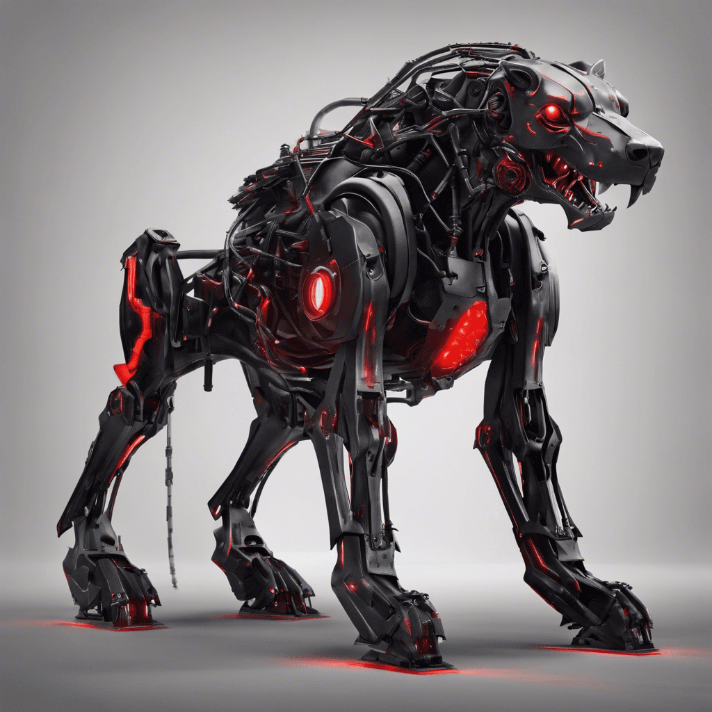 A sleek mechanical creature, the Cyberhound has a metallic skeleton covered in matte black plates. Its optics glow with a menacing red light, and it moves with a silent predatory grace. Hydraulic muscles give it a terrifying speed and power.