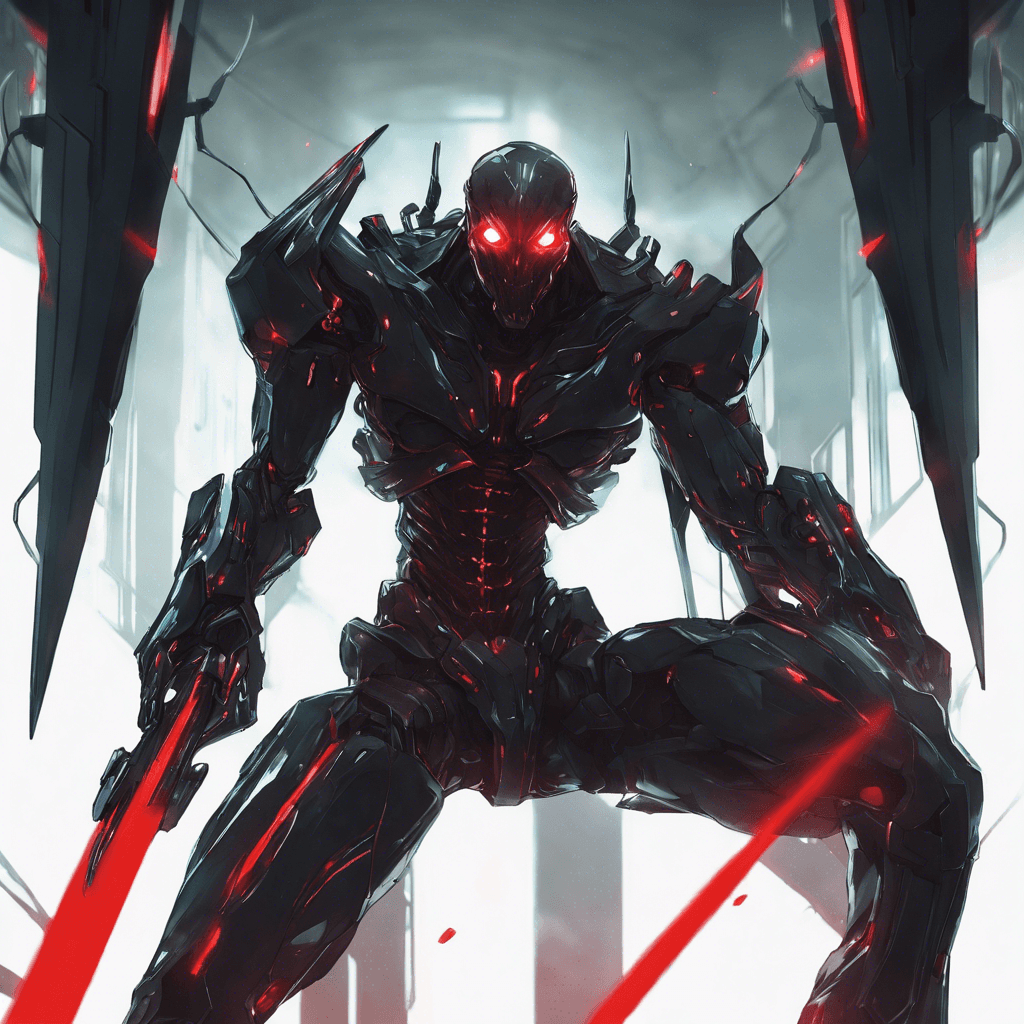 A menacing figure clad in a sleek black exoskeleton that hums with ominous energy. Their glowing red eyes pierce through the dimly lit room, and cybernetic enhancements contour their body, emitting an eerie radiance. Holographic blades flicker in and out of their forearms as they prepare for confrontation.