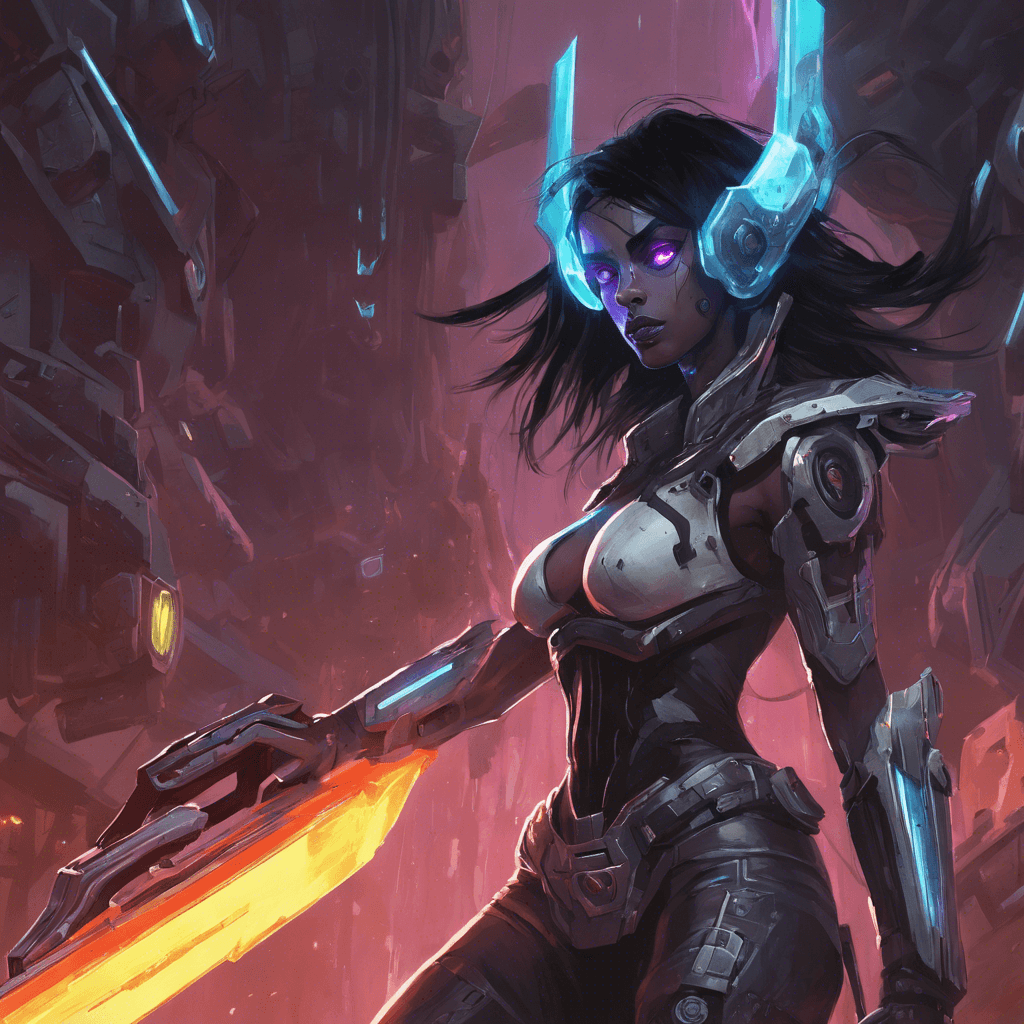 A slender dark elf with a silver-hued cybernetic eye scanning the heaps of junk. Her matted black hair falls in front of a face hardened by the neon wilds. The plasma rifle in her grip hums with a dangerous energy, its barrel glowing with intensifying light.