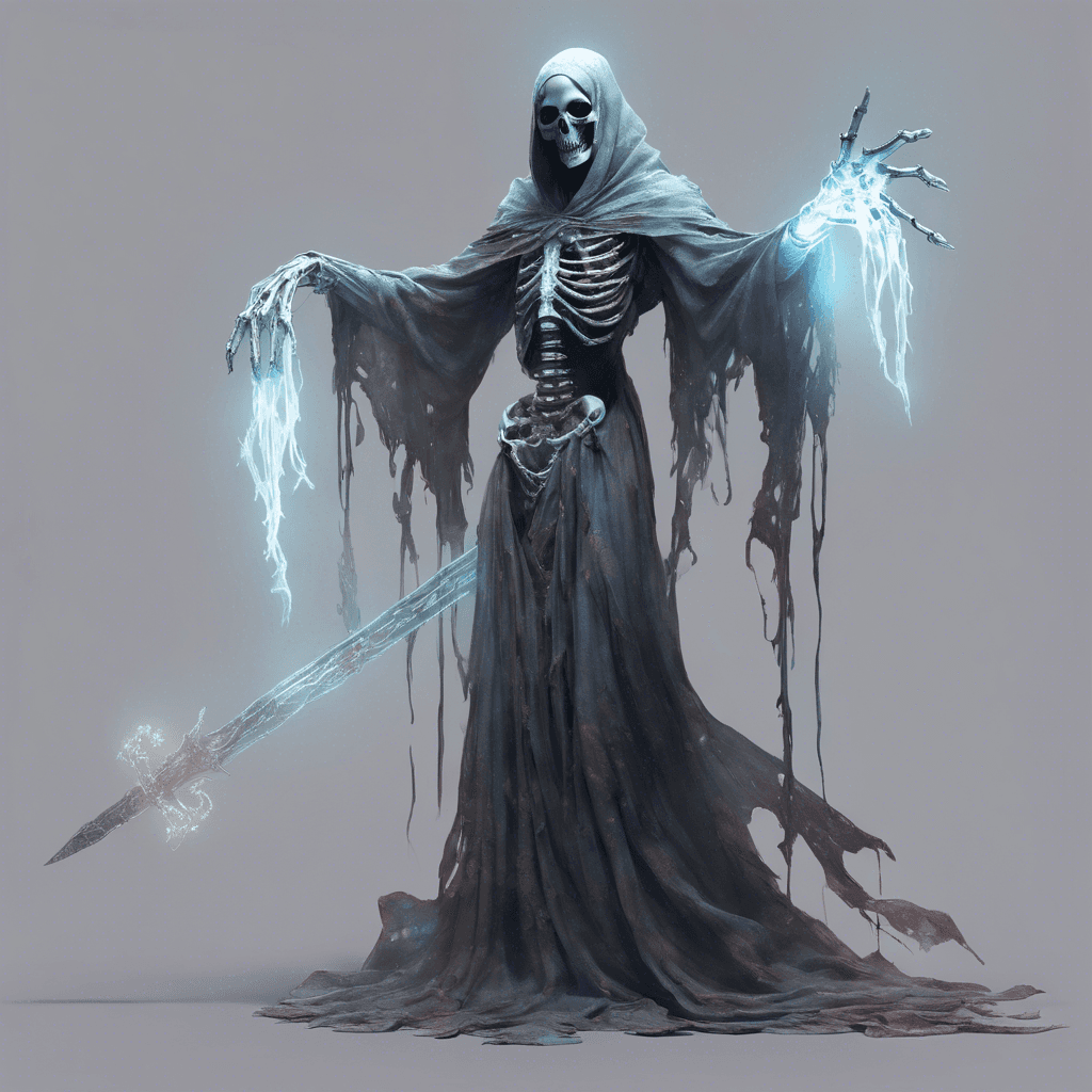 A translucent figure draped in tattered robes, its hollow eyes glowing with a spectral light. Skeletal hands reach out as it floats above the ground, an ethereal sword at its side.