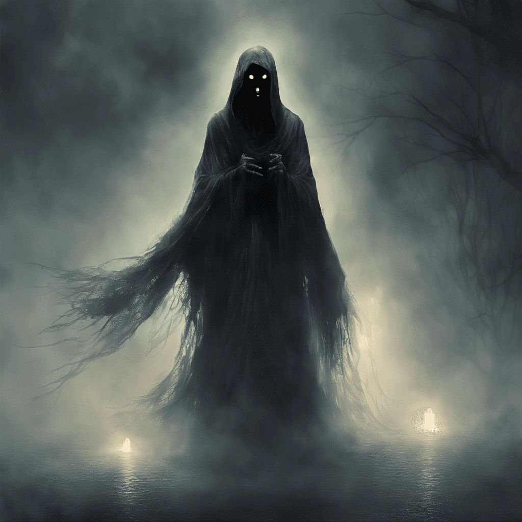 The Specter of the Shadows is a dark, ethereal figure shrouded in mist and darkness. Its eyes gleam with an otherworldly glow, and its chilling presence sends shivers down your spine. It moves silently, drifting through the air with an unsettling grace.