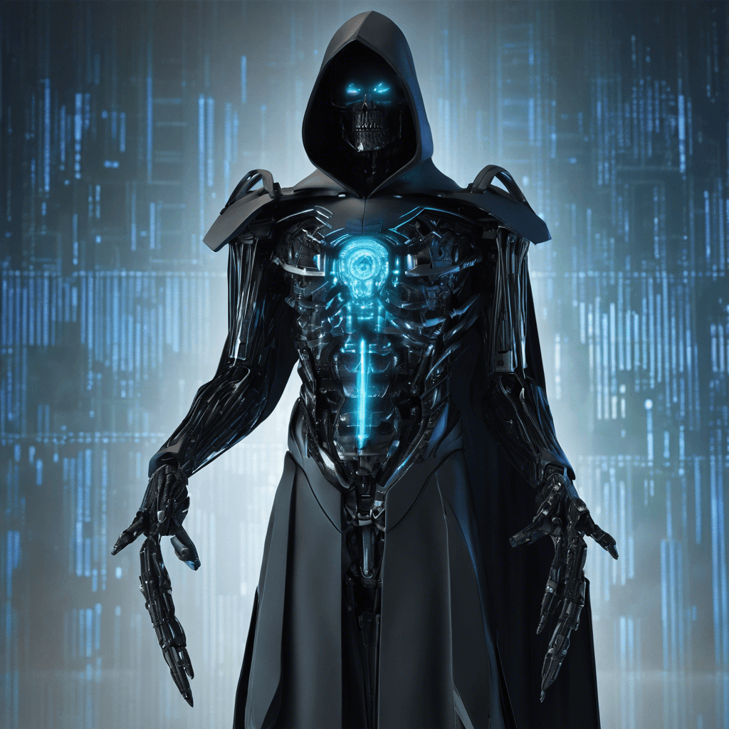 The Data Reaper is a sleek and shadowy figure, cloaked in high-tech armor that seems to blend seamlessly with the digital displays and holographic projections surrounding it. Its eyes glow with a cold, calculating intelligence as it moves with silent precision, ready to harvest valuable information at any cost.