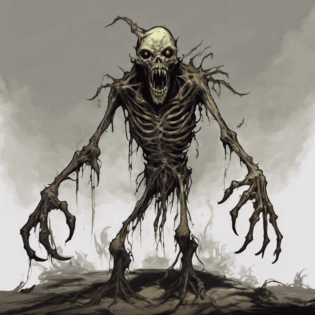 The Dreadmire Lurker is a grotesque humanoid figure with pallid, rotting flesh that hangs loosely from its skeletal frame. Its eyes glow with malevolent energy, and its twisted limbs end in razor-sharp claws. It emits a foul stench that makes your stomach churn with dread.