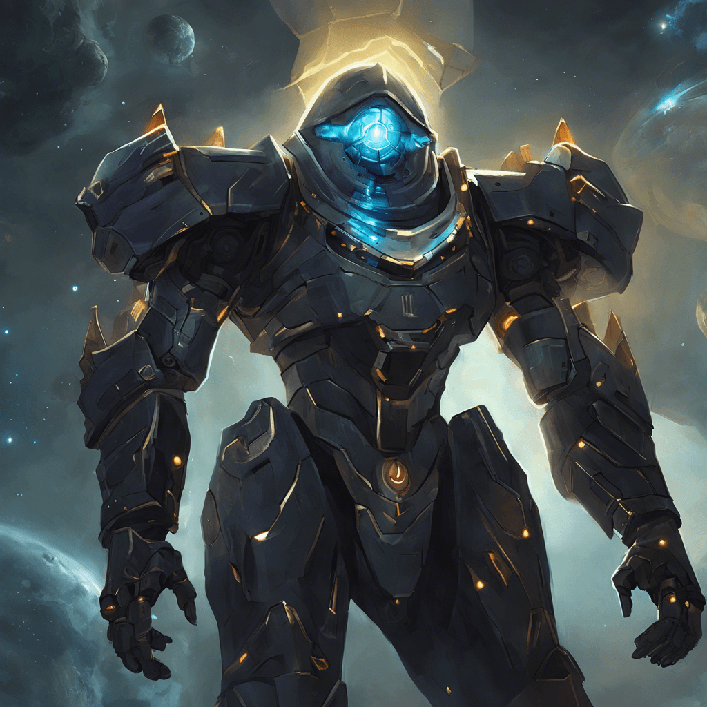 The Temporal Warden appears as an enigmatic, mechanical sentinel with angular armor plating and a single, glowing optic sensor that pierces through the darkness of space. It hovers, thrumming with temporal energy, with weapons that seem to phase in and out of reality.