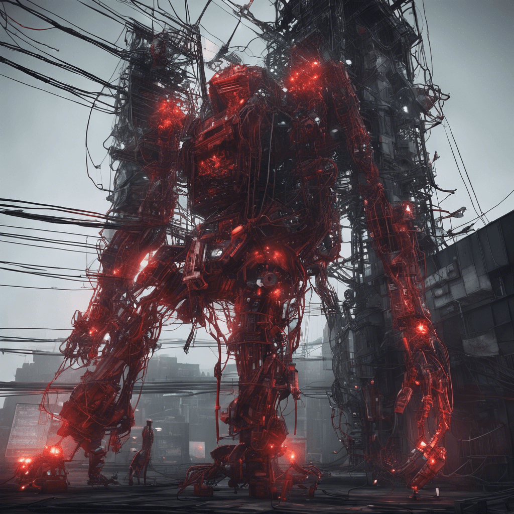 A towering construct of metal and wires stands before you. Glowing red sensors scan the environment, processing every detail. It looks like a patchwork of various mechanical parts, some human in shape, others purely robotic, giving it an eerie, mismatched appearance. Sparks occasionally jump between exposed cables, and it moves with a jerky, unnatural grace.