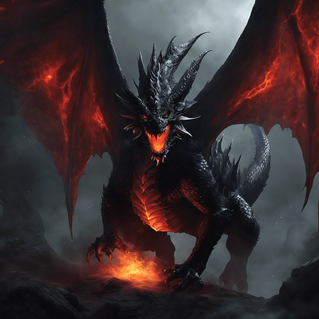 A large dragon-like creature with bat-like wings, emanating an ominous aura. Its scales are a shiny obsidian black that seem to absorb light, and its eyes glow with a baleful red fire. Vaporous dark smoke constantly oozes from its mouth and between its scales, hinting at its ability to breathe a noxious shadowy fire.