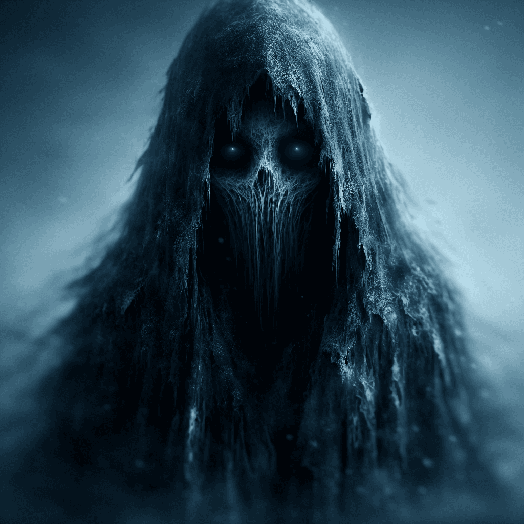 A wraith-like entity, ethereal and wispy. Cloaked in tattered shadowy robes with no discernible features other than two piercing, ghostly blue eyes. It floats inches off the ground, its form partially translucent and surrounded by an aura of chilling cold.