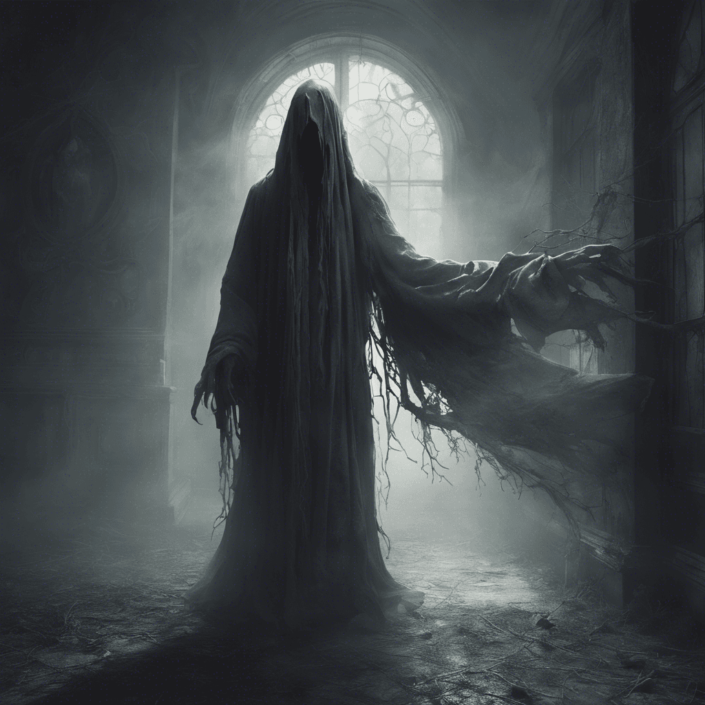 The Specter of the Manor is a ghostly figure draped in tattered robes, with empty eye sockets that emanate a faint, eerie glow. Wisps of ethereal energy trail behind it, and the air grows cold in its presence, sending shivers down the spines of those who see it.