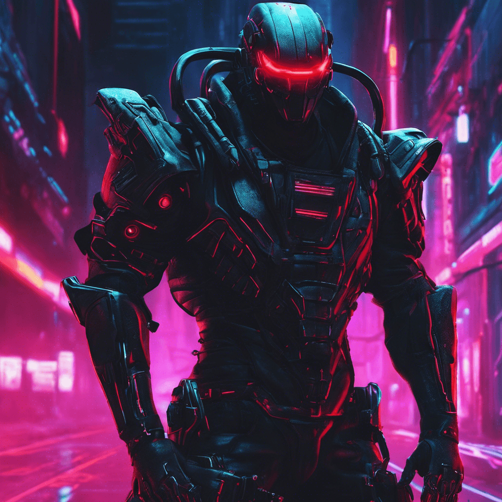 The Cyber Stalker is a stealthy and agile enemy, covered in sleek black armor with glowing neon accents that blend seamlessly with the shadows of the Back Alleys. Its piercing red eyes scan the area, searching for intruders.