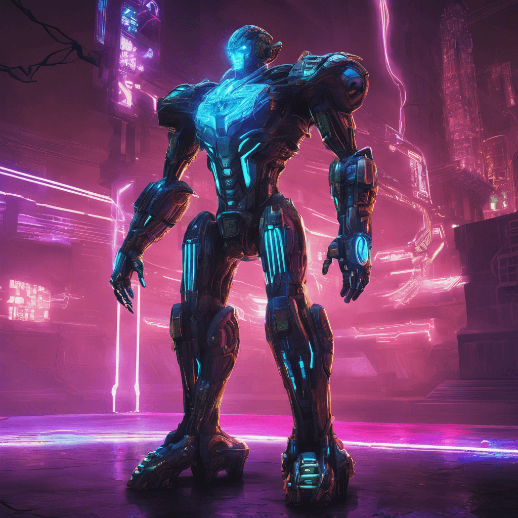 The Neon Sentinel is a towering humanoid figure enhanced with cybernetic implants and glowing neon circuits running along its metallic body. It wields a powerful energy weapon that crackles with electric energy, ready to unleash destruction upon its enemies.