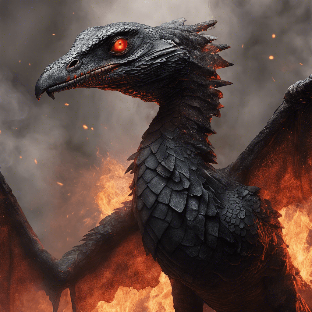 A large scaled drake with smoldering red eyes and charred black scales. Smoke wafts from its nostrils, and its wings are tattered with glowing embers reminiscent of volcanic ash.