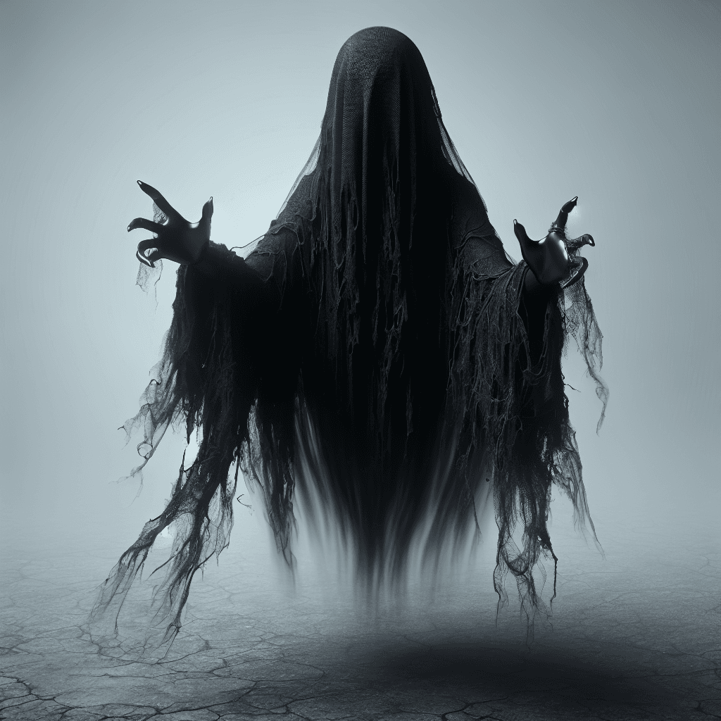 A ghostly apparition draped in tattered black mourning garments, its face obscured by a dark veil, floating inches above the ground with spectral hands reaching out.