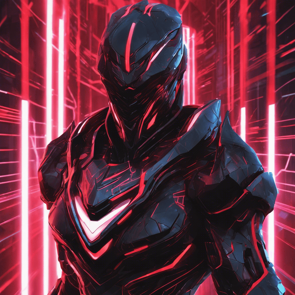 A sleek figure shrouded in black digital armor; neon lines tracing angular patterns across its surface. The Syndicate Netblade's eyes glow with a menacing red hue, reflecting the malice of its code.