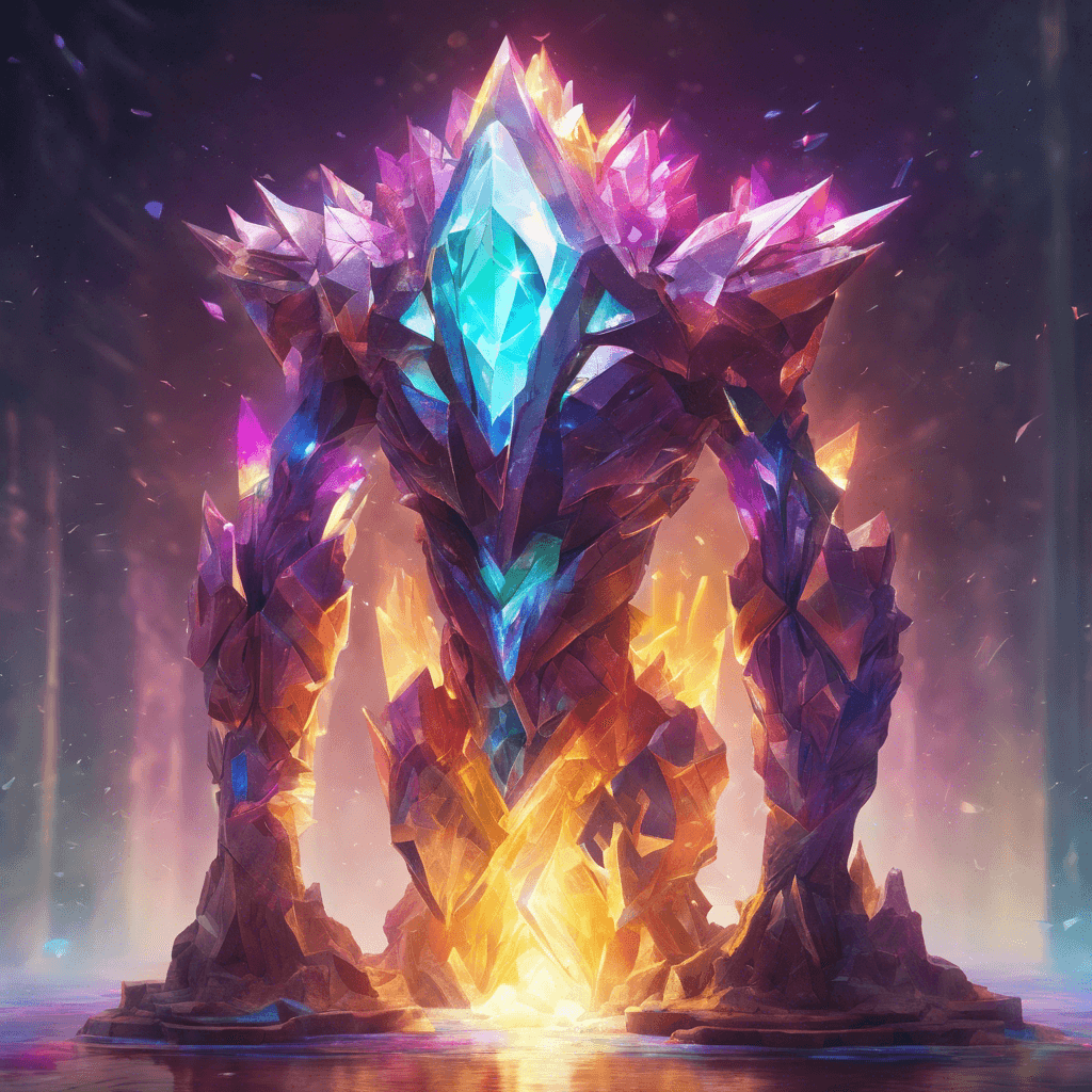 A towering guardian constructed of angular crystals and pulsing with a vibrant arcane light. Its core glows with a spectrum of colors, with energy tendrils crackling around its floating, fragmented structure.