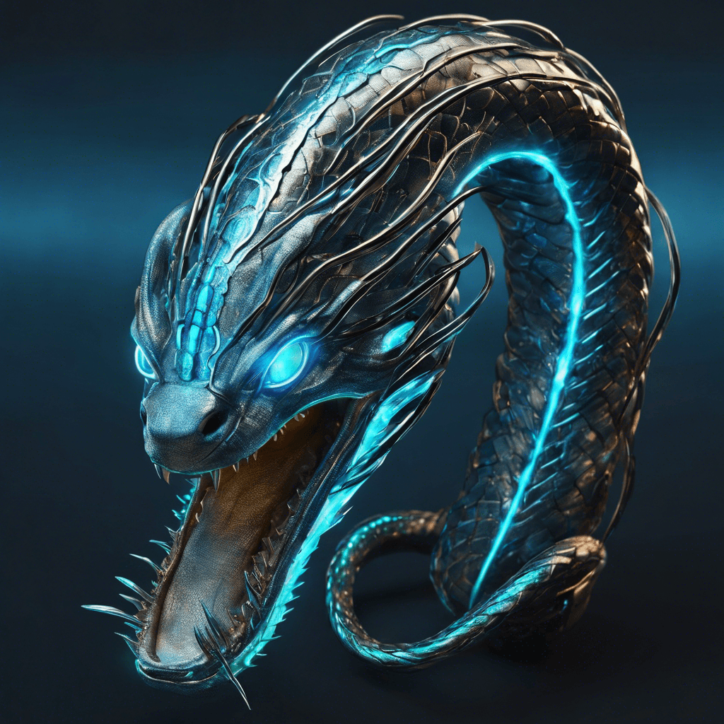 A metallic serpent-like creature with a pulsating neon blue core and crackling electric tendrils snaking off its segmented, plated body. It is roughly 15 feet in length and moves with a swift, undulating motion.