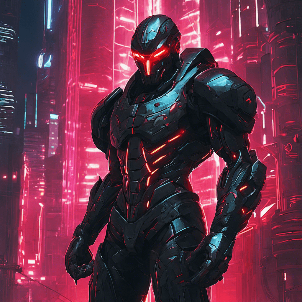 The Cybernetic Enforcer is a towering humanoid figure clad in sleek black armor, adorned with pulsating neon lights that illuminate its cybernetic enhancements. Its eyes glow a menacing red, scanning the area with pinpoint accuracy. Wires and cables snake out from its form, ready to strike at a moment's notice.