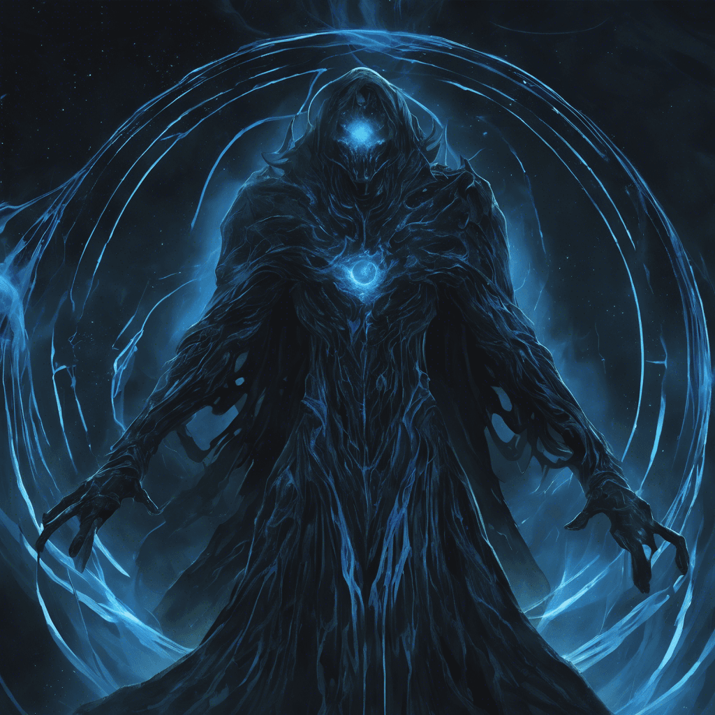 A whirling mass of dark energy and shifting matter, the Chrono Wraith appears as a silhouette of a humanoid figure with temporal distortions warping the space around it, having glowing eyes and crackling with arcs of blue chronal energy.