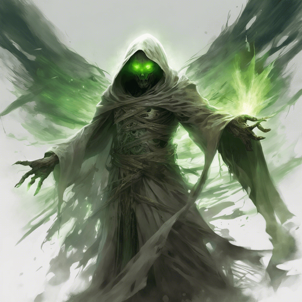 A translucent spectral figure, shrouded in tattered robes that flutter in an unfelt breeze. Its eyes burn with an ominous green light, and its bony hands clutch a rusted, ethereal blade.