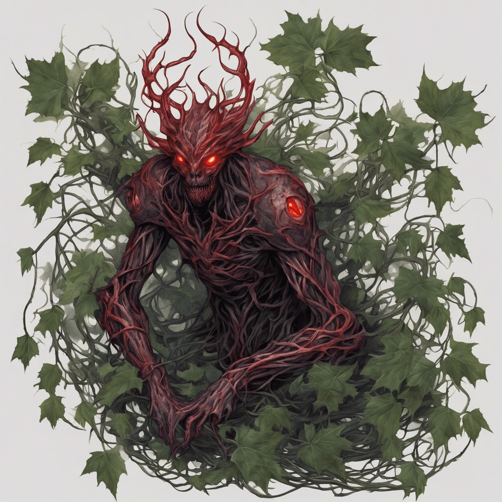 A malevolent spirit entangled in thorny brambles, its glowing red eyes peer out from a tangled mass of vine and leaf. Its limbs are long, wrapped in ivy, with claws sharp as razors.