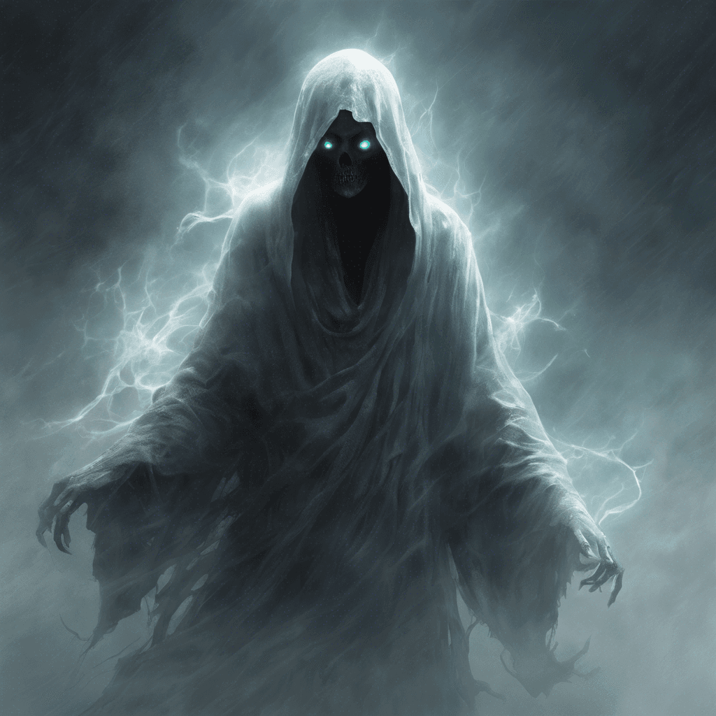 A ghostly figure shrouded in ethereal mist, its glowing eyes pierce through the darkness with an otherworldly presence. Tattered robes flap in the unseen wind, and a chilling cold emanates from its incorporeal form.