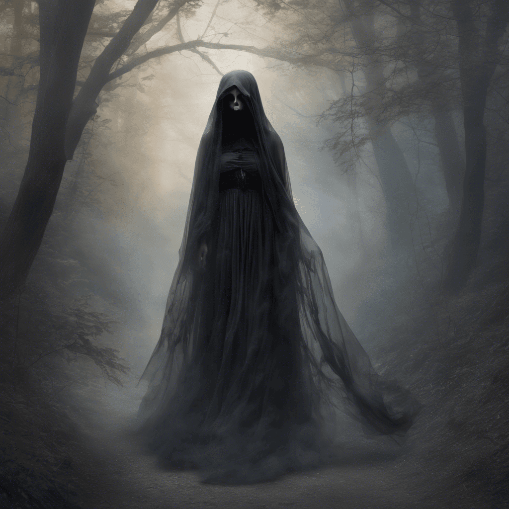 The Specter Widow is a ghostly figure of a woman dressed in a tattered black gown, her face obscured by a veil. Wisps of ethereal mist trail behind her, and her eyes glow with a haunting light. She moves silently, leaving a chill in the air wherever she passes.