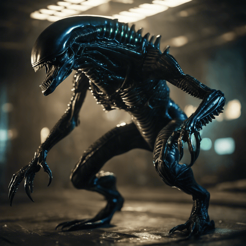 The Xenomorphic Hunter is a sleek, bipedal creature covered in iridescent scales that shift in color depending on the light. Its long, razor-sharp claws are capable of tearing through metal with ease. Its glowing eyes scan the environment with predatory focus, ready to pounce on any unsuspecting prey.