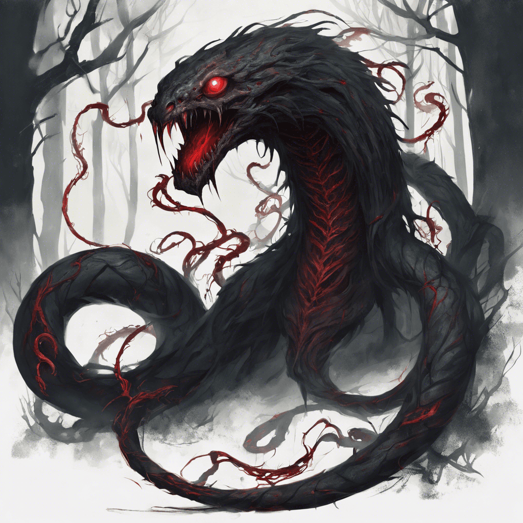 A creature that seems to be made of darkness itself, with piercing red eyes and tendrils of shadows whipping around its form like serpents. It moves with eerie silence, blending with the shadows of the forest.