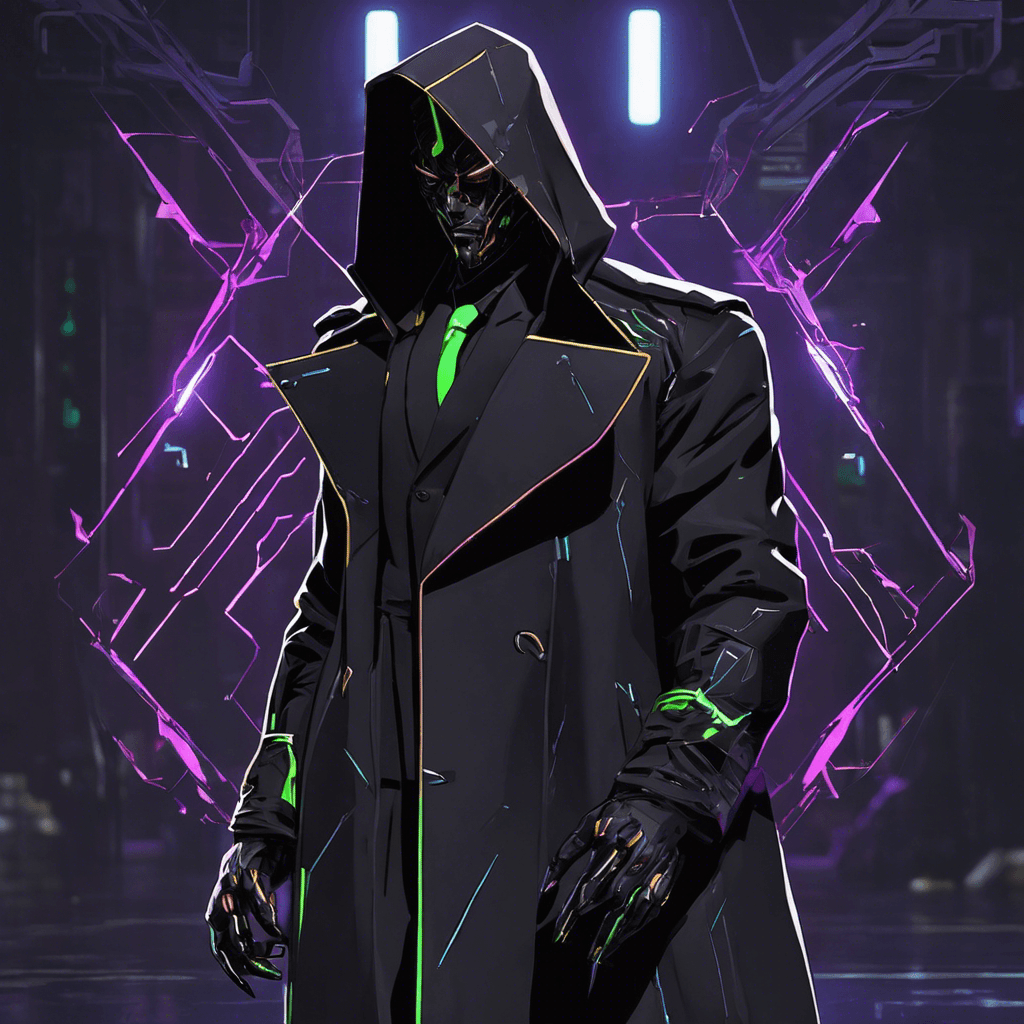 The Code Phantom is adorned in a sleek black trench coat, with neon circuit patterns pulsing across the fabric. Its face, hidden by a mirror-visor helmet, displays cascading data streams. Razor-sharp claws extend from its fingertips, and its stance exudes malevolent intent.