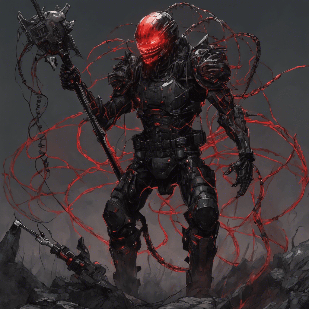 A towering figure encased in black exoskeleton armor with barbed wire coiling around its limbs like vicious serpents. The helmet's visor glows with a sinister red light, while various weapon attachments gleam from its arms, hinting at lethal combat modifications.