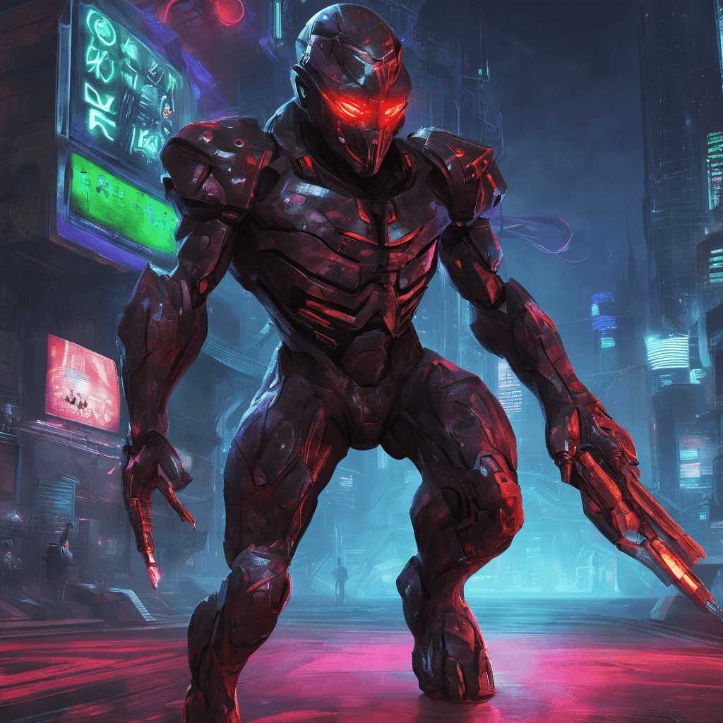 The Cyber Stalker is a humanoid figure cloaked in a shimmering digital camouflage, with glowing red visor eyes scanning the area for intruders. Its body is adorned with sleek cybernetic enhancements, making it a formidable opponent in the shadows of Neon City.