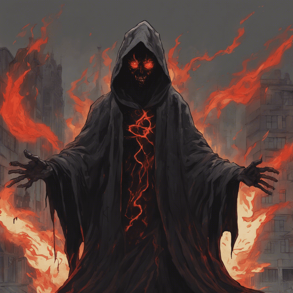 A towering figure draped in tattered black robes, its form flickers in and out of view like a bad signal on an old television. Two malevolent red eyes burn with ghostly fire beneath the hood of its robe.