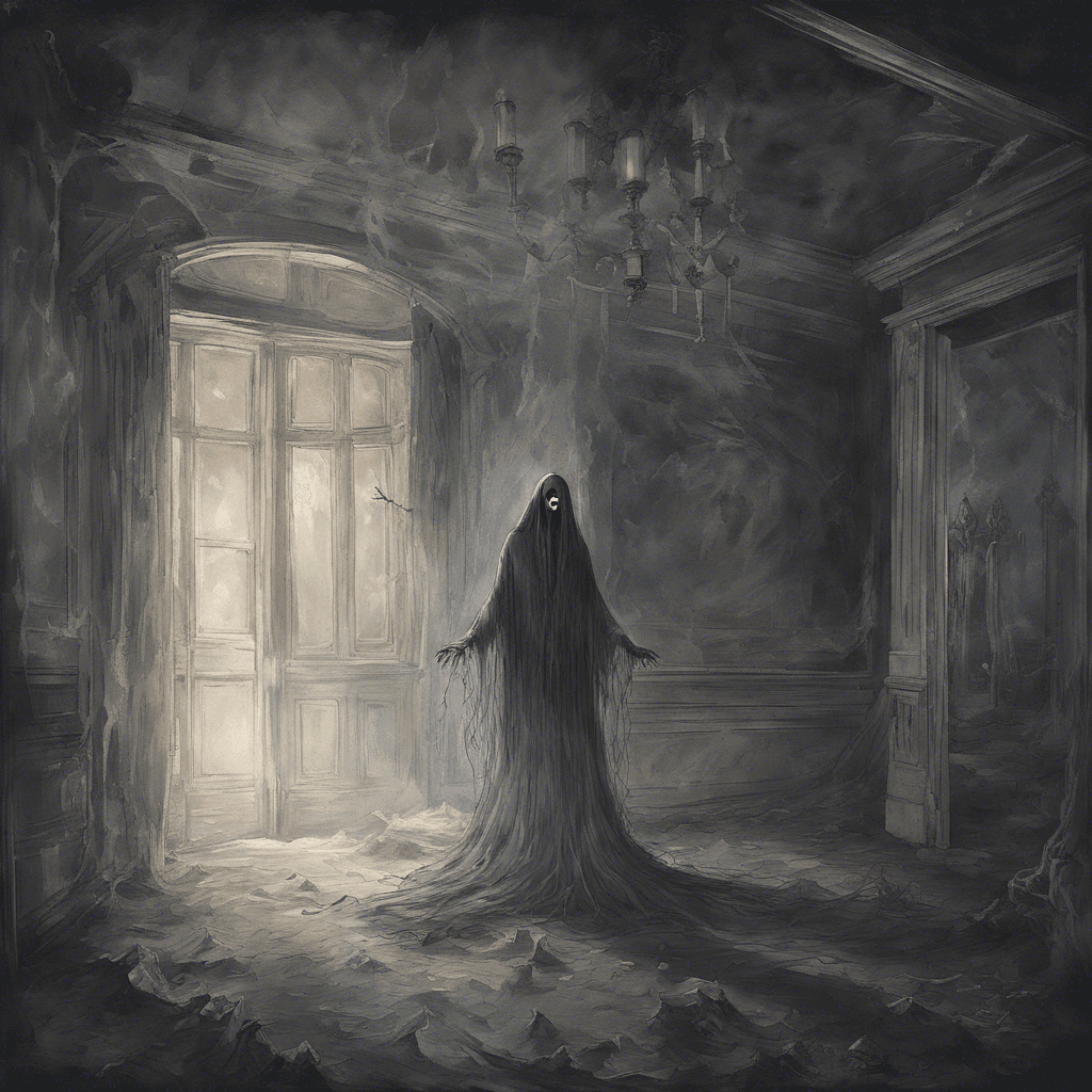 The Specter of the Manor is a ghostly figure dressed in tattered finery, with empty eye sockets glowing with an otherworldly light. It moves silently through the shadows, leaving a trail of cold air and unease in its wake.